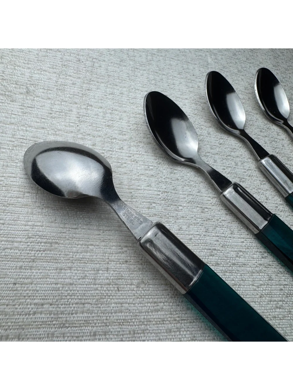 Vintage Teal Acrylic Handle Teaspoons Set of 4 Stainless Steel 5.5 Inch